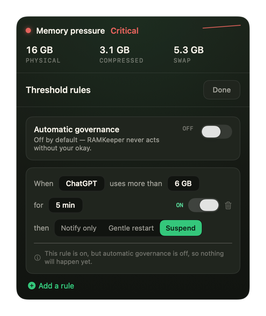 Threshold rule editor with an automatic-governance master switch that is off by default.